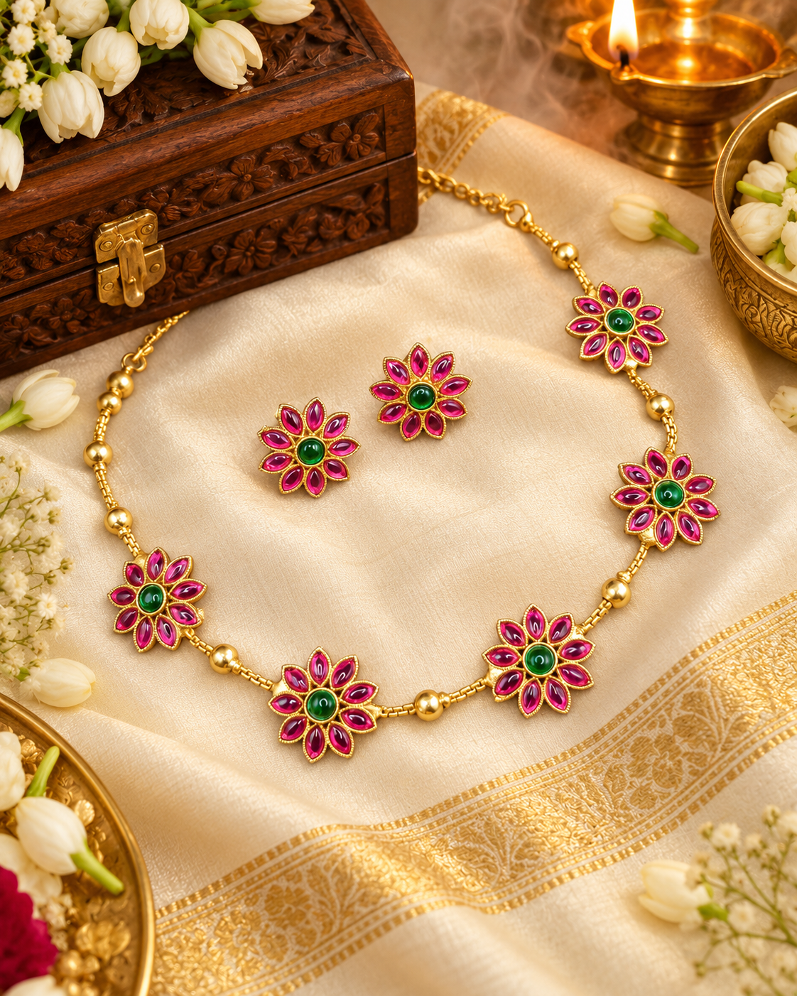Elegant Full Floral Stone Choker Necklace Set with Matching Studs