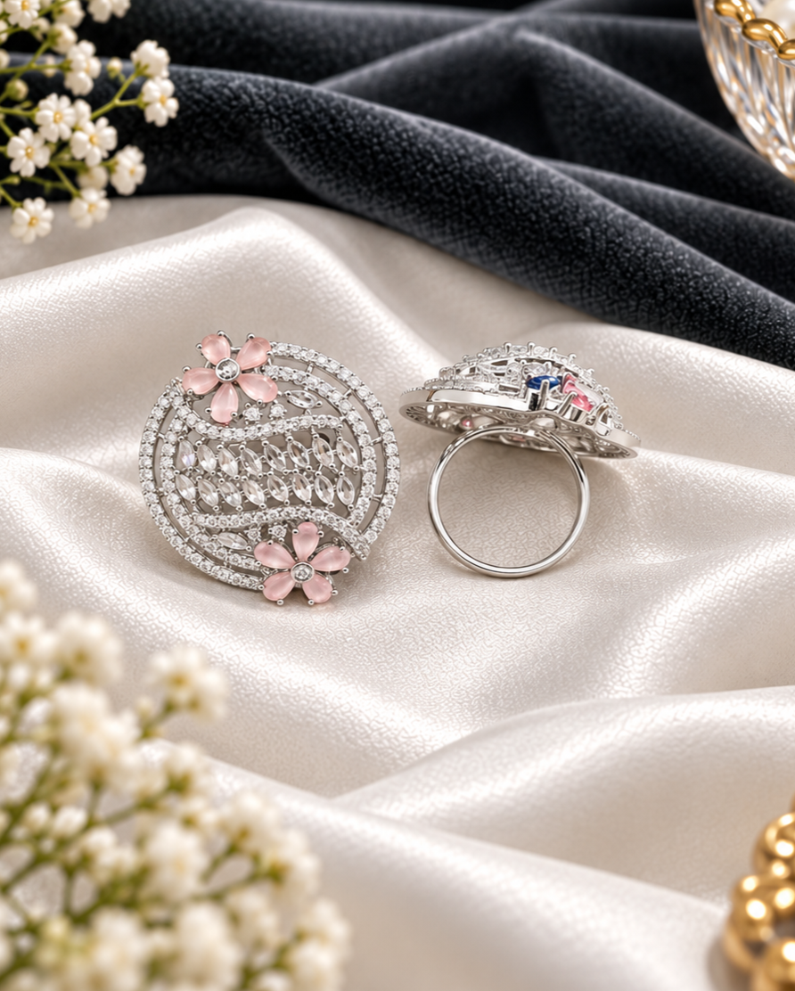 Sapphire Blue Floral Shield Statement Ring