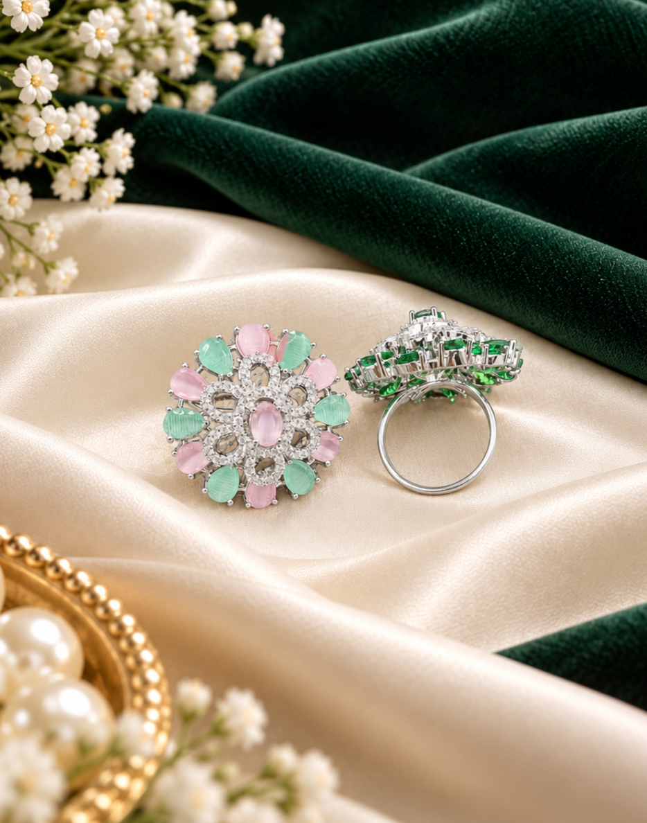 Deep Green American Diamond Floral Ring