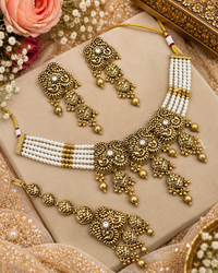 Antique Gold Pearl Strand Choker Necklace Set with Earrings & Maangtikka