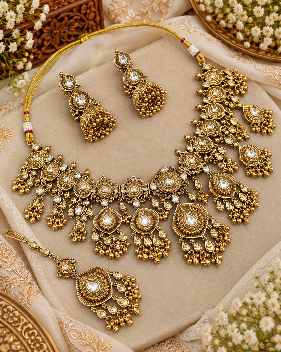 Antique Gold Floral Necklace Set with Jhumka Earrings & Maangtikka