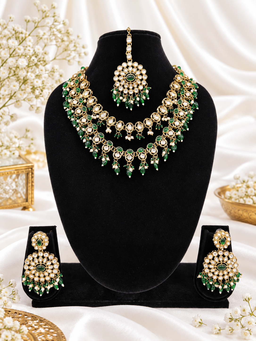 Royal Blue Layered Necklace Set Round Earrings & Maang Tikka