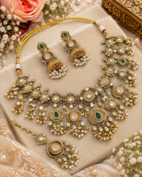 Antique Gold Floral Necklace Set with Jhumka Earrings & Maangtikka