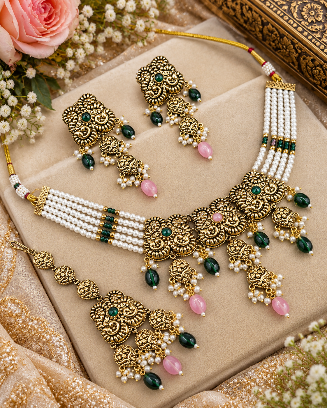 Antique Gold Pearl Strand Choker Necklace Set with Earrings & Maangtikka