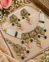 Antique Gold Pearl Strand Choker Necklace Set with Earrings & Maangtikka