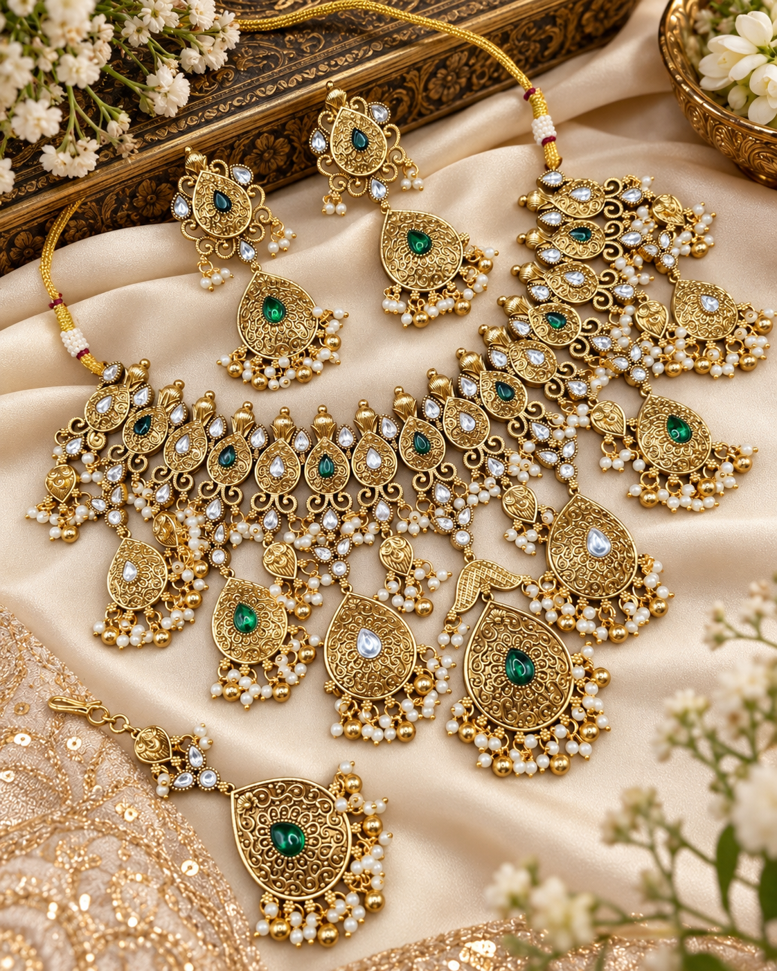 Antique Gold Floral Necklace Set with Earrings & Maangtikka