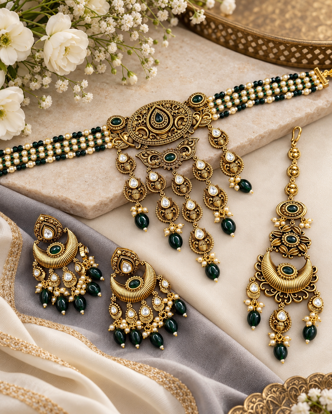 Antique Choker Set with Earrings & Maang Tikka