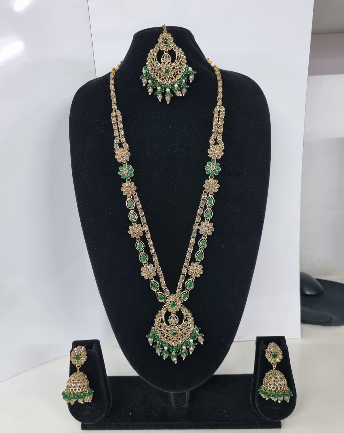 Rose Petal Pink Stone Long Necklace Set with Jhumkas