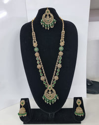 Rose Petal Pink Stone Long Necklace Set with Jhumkas