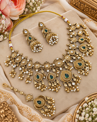 Antique Gold Floral Necklace Set with Jhumka Earrings & Maangtikka