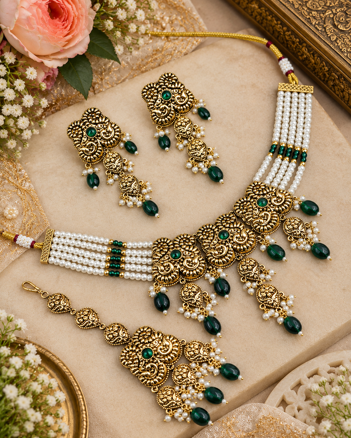 Antique Gold Pearl Strand Choker Necklace Set with Earrings & Maangtikka
