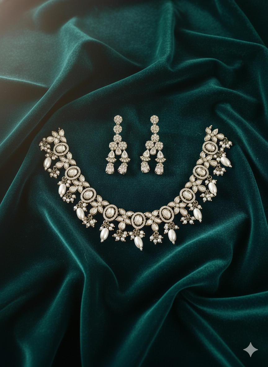 "Maharani" White Pearl Floral Choker & Crystal Drop Set