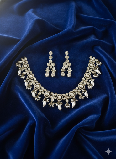 "Maharani" White Pearl Floral Choker & Crystal Drop Set