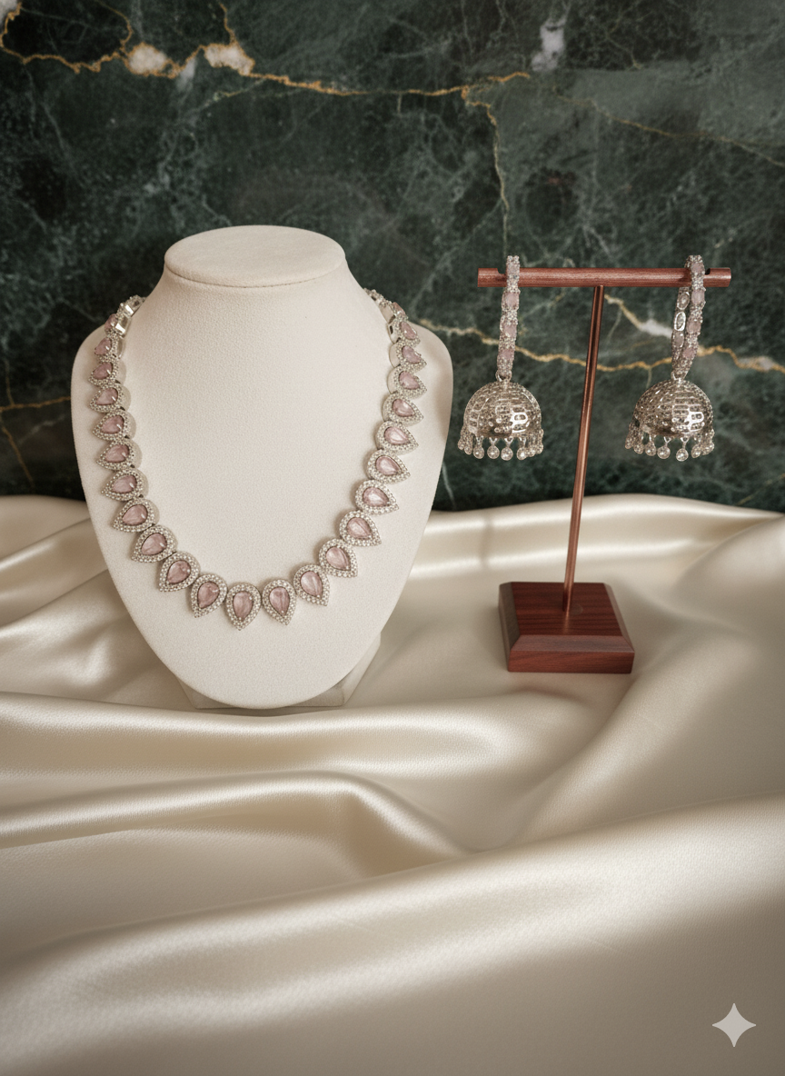 Pink CZ Crystal Teardrop Choker & Antique Jhumki Earring Set