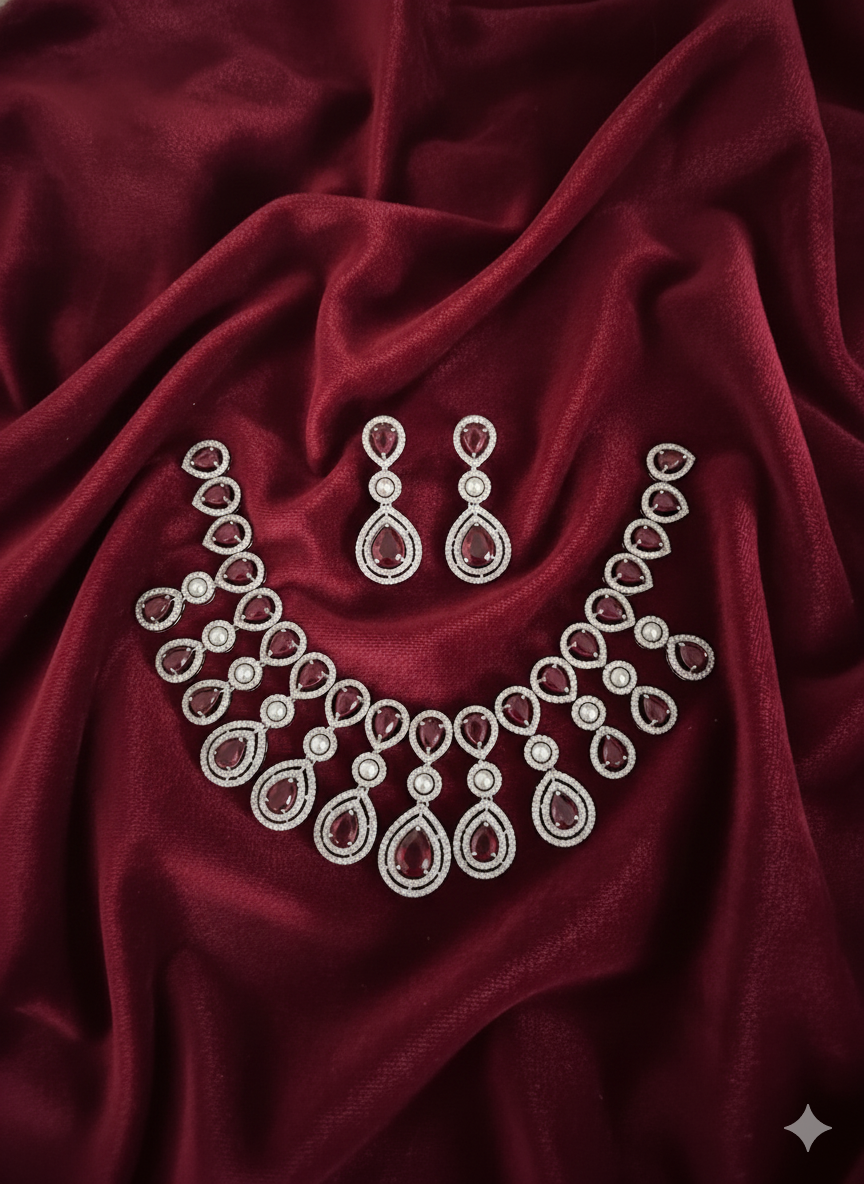 Opulent Rani Pink Tear Drop and Pearl Collar Set