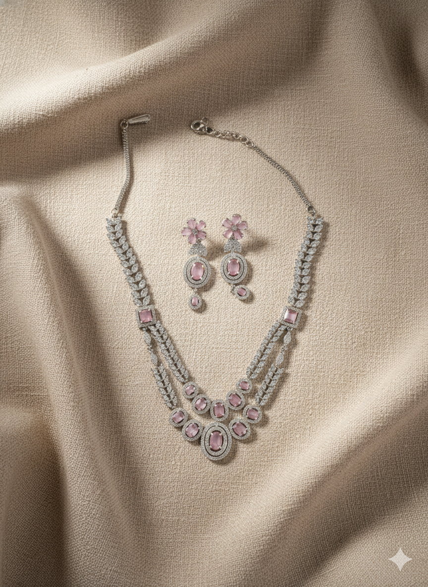 Rose Pink Petal Motif Wedding Statement Jewelry Set