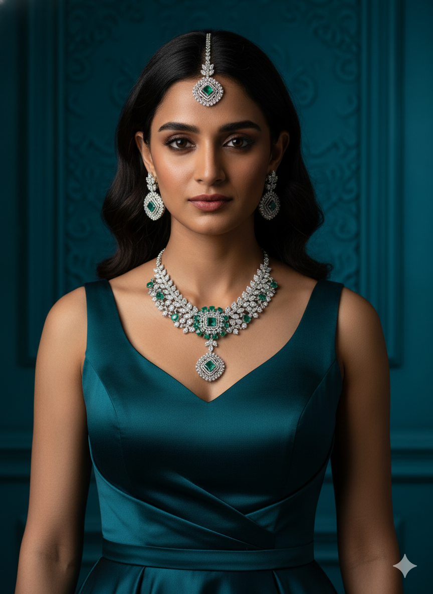 Uncut Diamond Style Polki & Emerald Green Stone Bridal Set