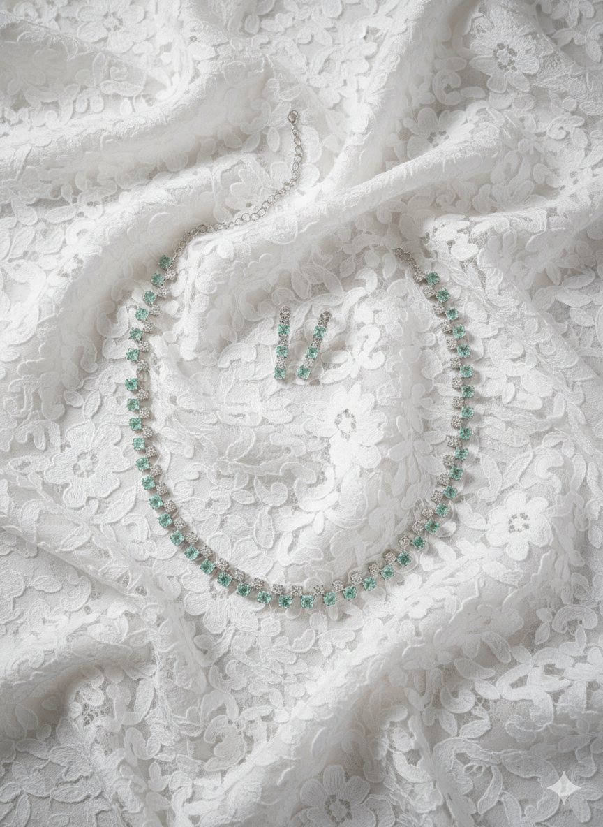 Elegant Mint Green and AD Tennis Link Jewellery Set
