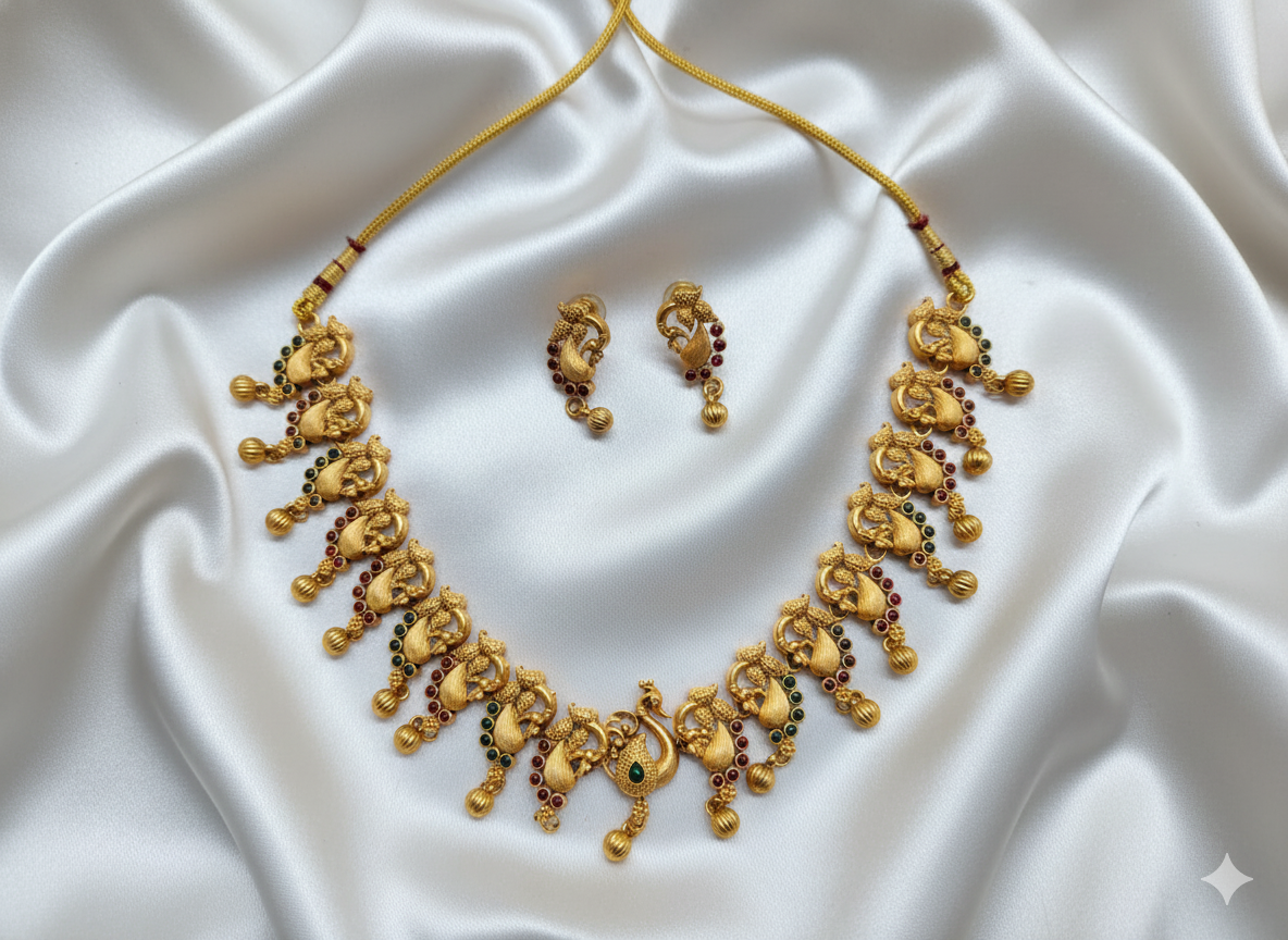 Temple Peacock Motif with Kemp Stones Necklace Set