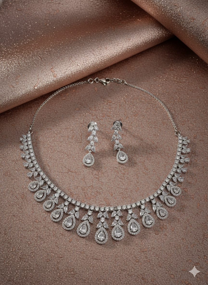 Silver Plated Elegant Pear & Marquise Diamond-Look Set