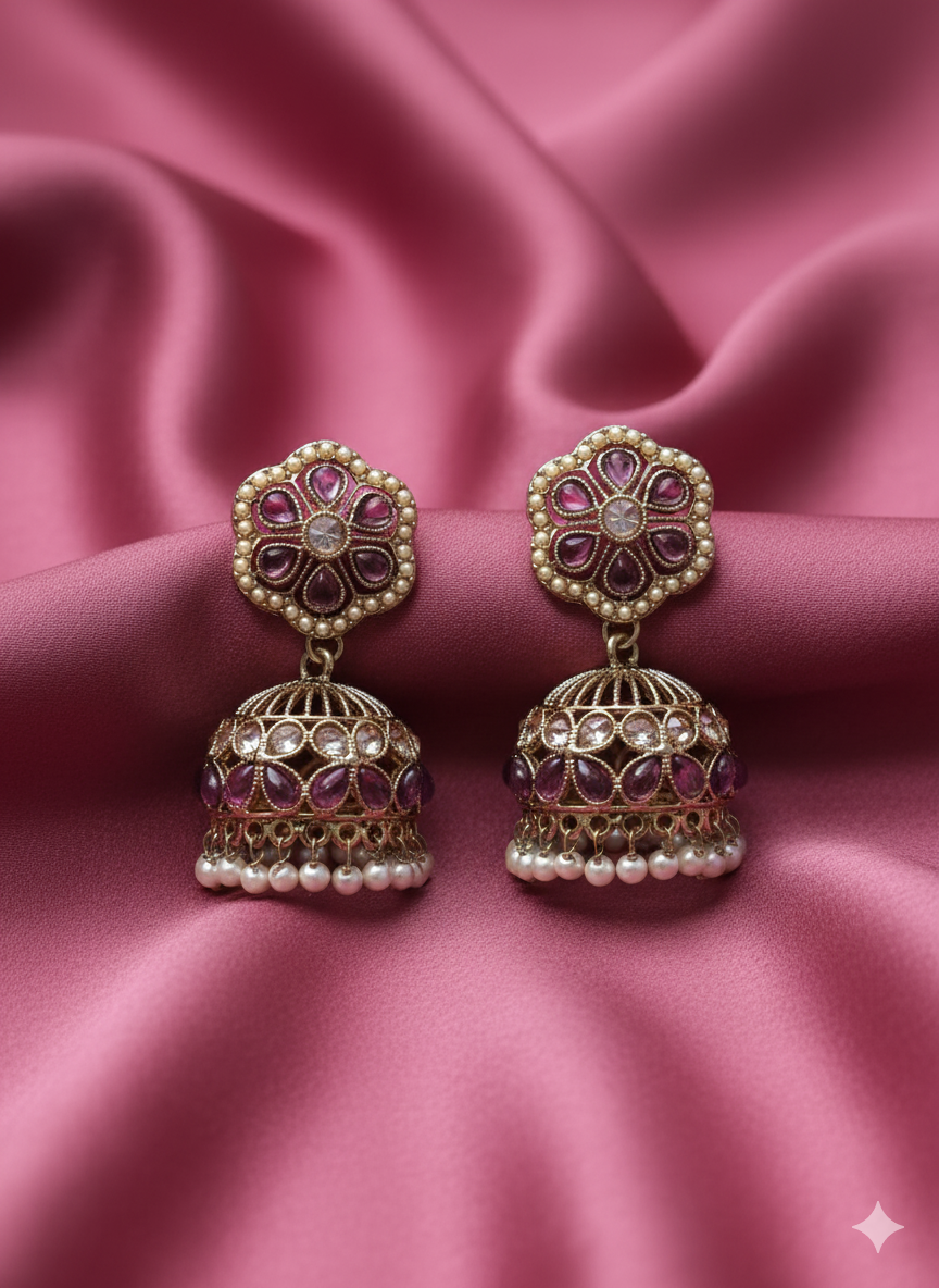 Antique Gold Ethnic Jhumki with Pearl Bead Fringe