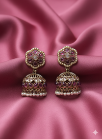 Antique Gold Ethnic Jhumki with Pearl Bead Fringe