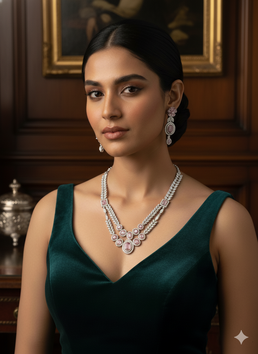 Rose Pink Petal Motif Wedding Statement Jewelry Set