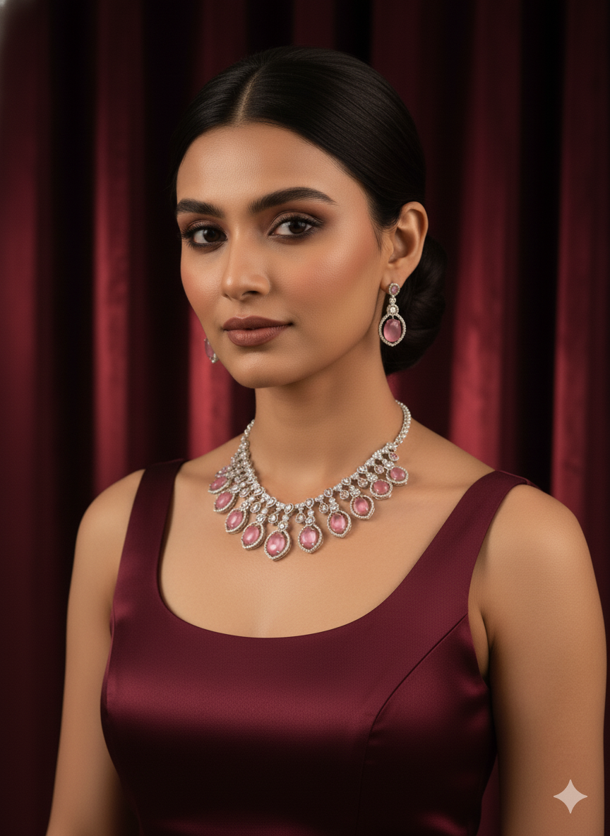 Blush Pink Stone Wedding Jewelry Set in Silver Tone