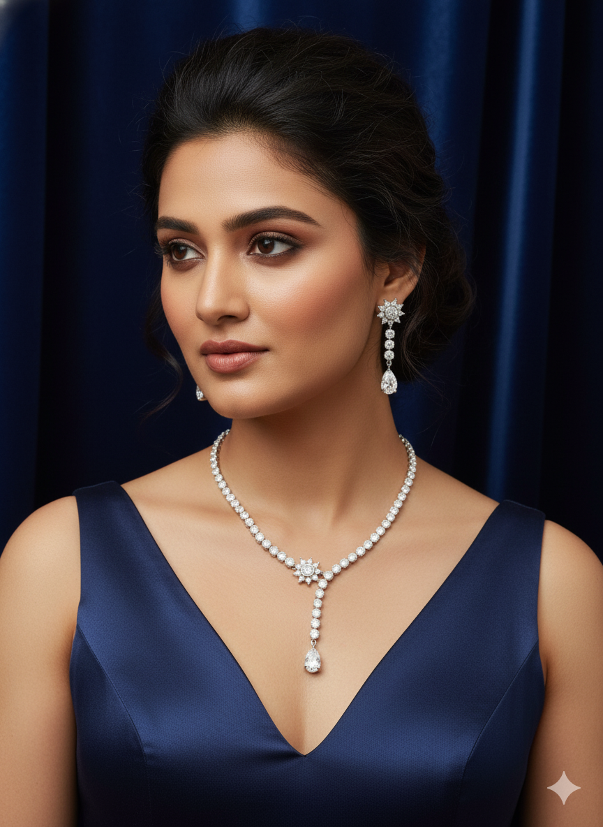 Simple Chain with Teardrop Solitaire & Y-Drop Star Necklace Set