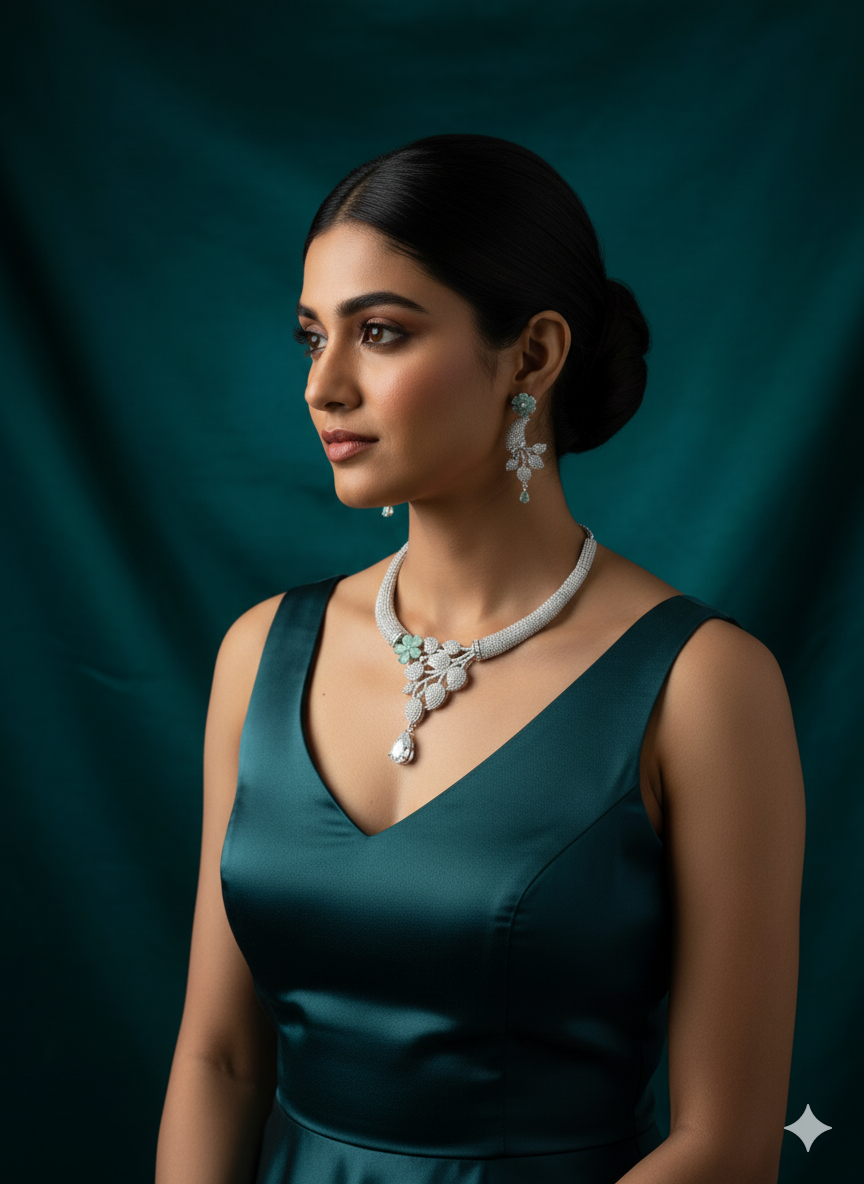 Silver Plated Diamond-Look Floral Necklace Set