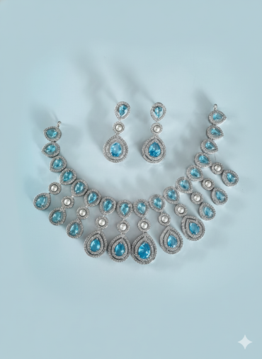 Silver Plated Teardrop Aquamarine & Diamond Halo Necklace Set