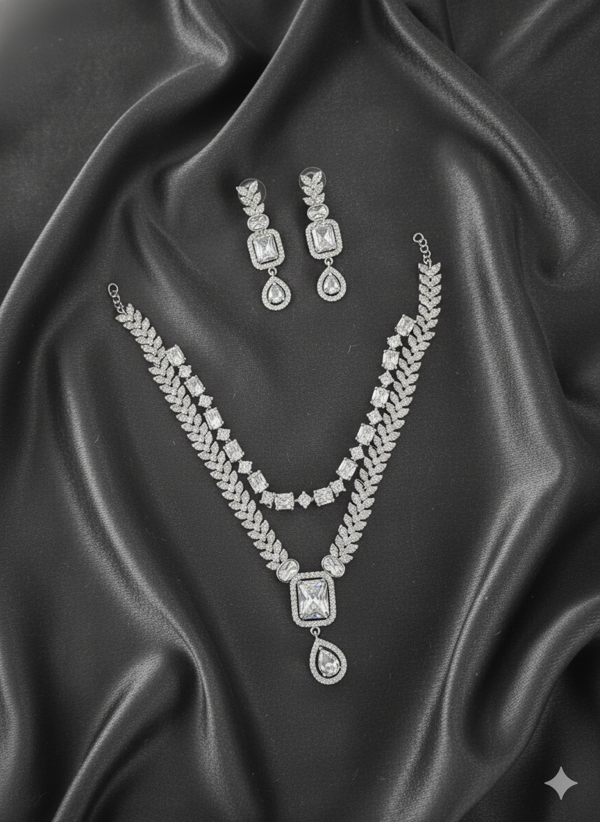 Elegant AD Silver Tone Two-Tier Necklace and Dangle Earring Set