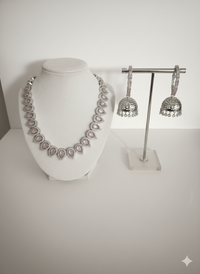 Pink CZ Crystal Teardrop Choker & Antique Jhumki Earring Set