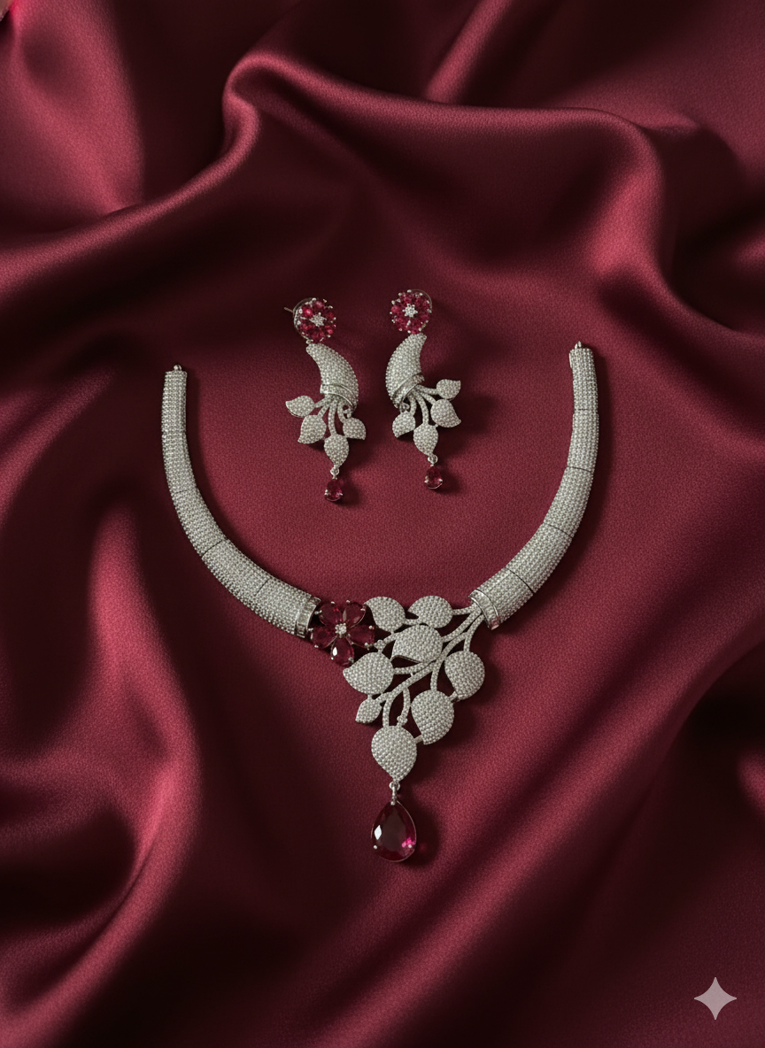 Elegant Micro-Pave Red Drop and Floral Jewellery Set