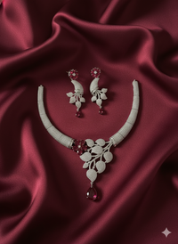 Elegant Micro-Pave Red Drop and Floral Jewellery Set