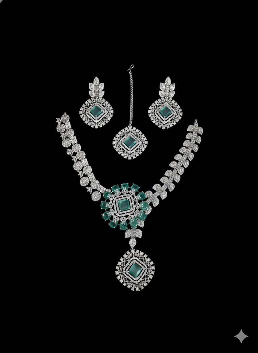 Uncut Diamond Style Polki & Emerald Green Stone Bridal Set