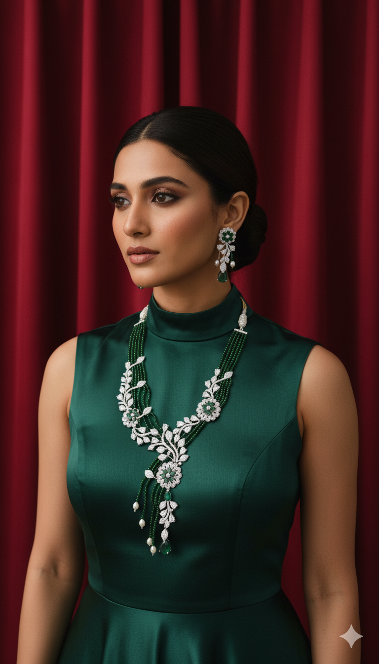 Regal Green Beaded & Floral AD Long Necklace Set With Pearls