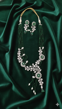 Regal Green Beaded & Floral AD Long Necklace Set With Pearls
