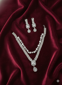 Elegant AD Silver Tone Two-Tier Necklace and Dangle Earring Set