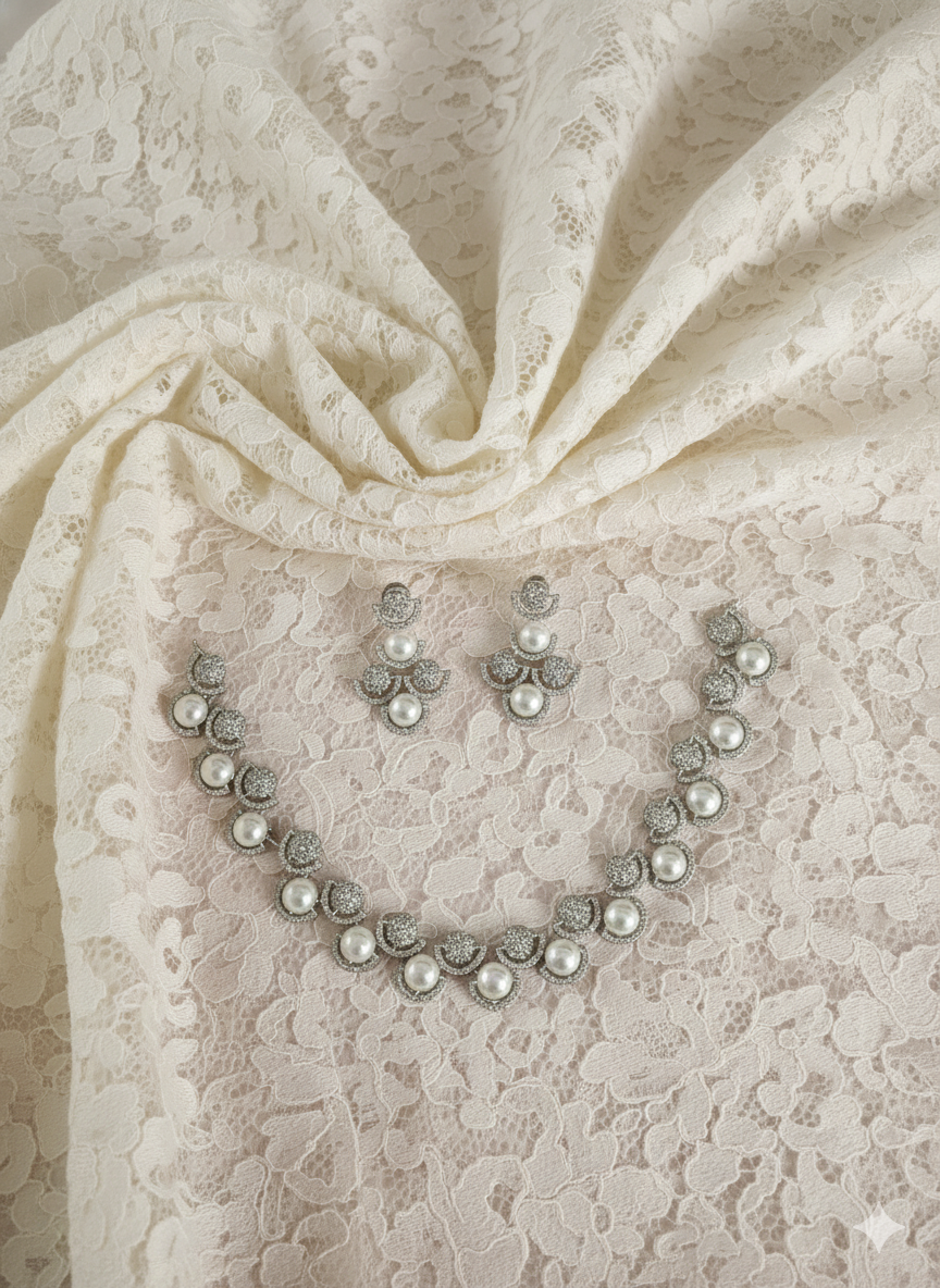 Sparkling AD Halo and Pearl Collar Necklace Set
