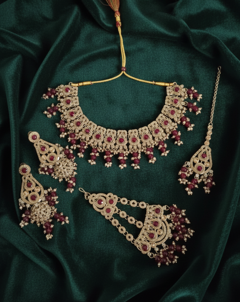 Antique Gold Plated Choker Necklace Set With Earrings For Woman