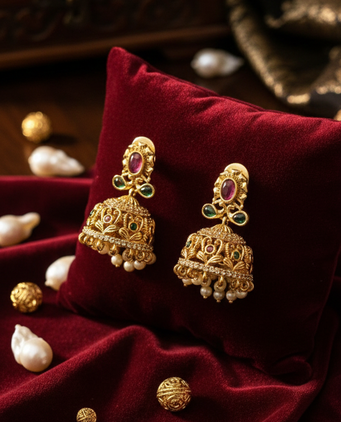 Gold-Plated Ruby & Emerald Jhumka Earrings For Woman & Girls