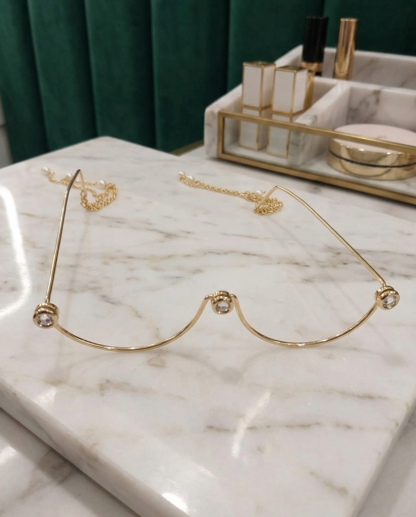Handcrafted Gold Finish Facelate Jewelry with Integrated Pearl Chain Drops