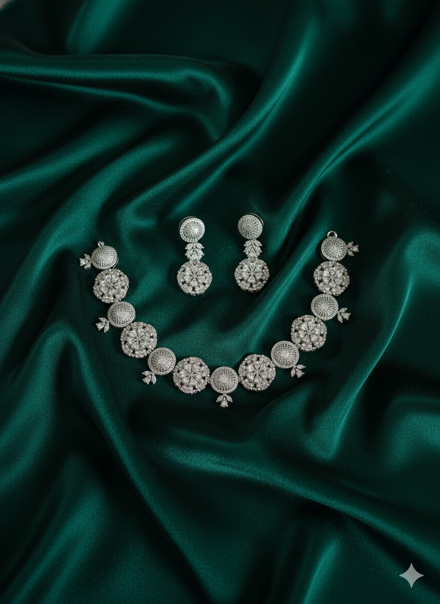 Intricate American Diamond Flower Motif Necklace Set