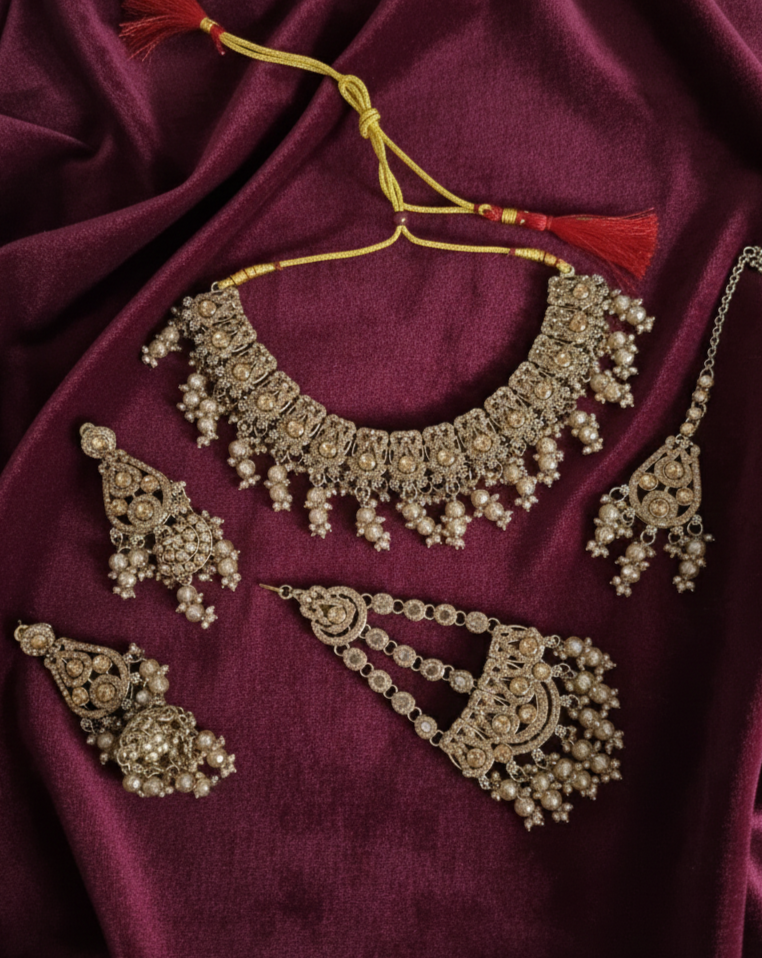 Antique Gold Plated Choker Necklace Set With Earrings For Woman