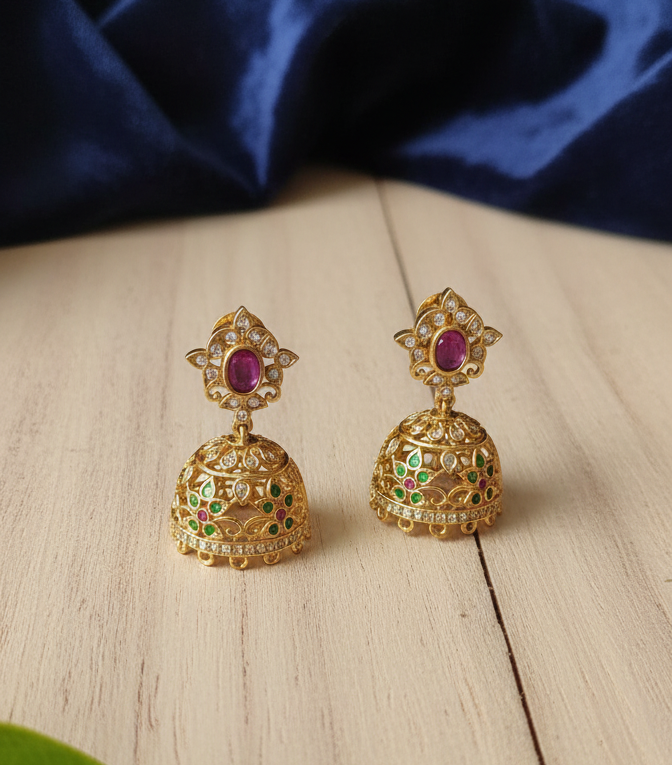 Gold-Plated Jhumka Earrings with Ruby Studs & Pearl Drops