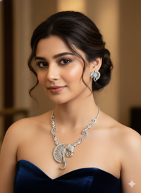 White AD Stone Elephant & Filigree Necklace Earring Set