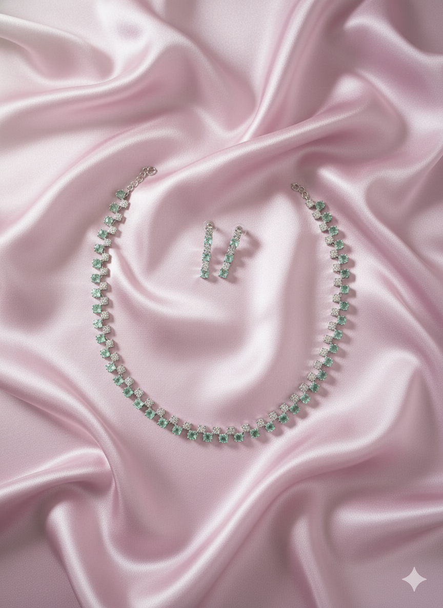 Elegant Mint Green and AD Tennis Link Jewellery Set