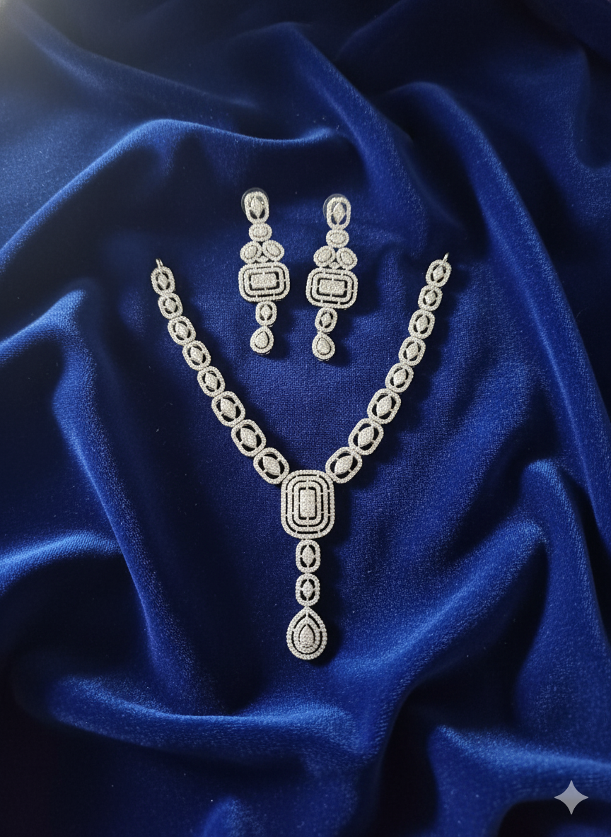 Bridal Emerald Cut Drop American Diamond Necklace Set
