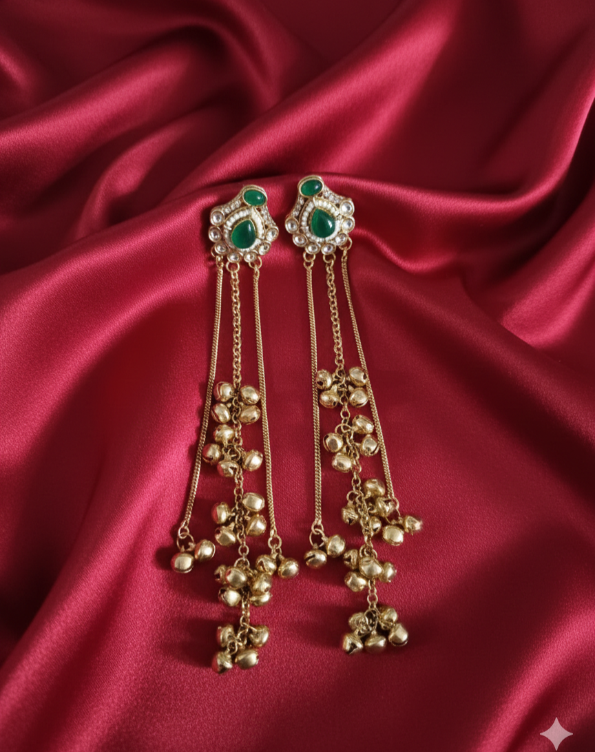 Antique Gold Kashmiri Ghungroo With Long Chain Drop Earrings For Woman & Girls